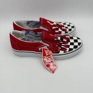 Vans Classic Slip-On Flame Checkered Red Skate Sneakers Shoes - New
